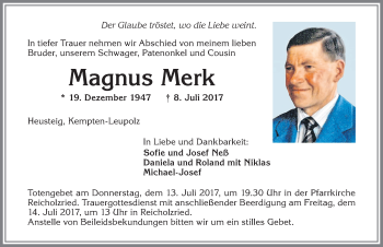 Traueranzeige von Magnus Merk von Allgäuer Zeitung,Kempten