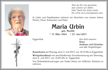 Traueranzeige von Maria Urbin von Allgäuer Zeitung, Kaufbeuren/Buchloe