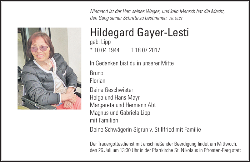  Traueranzeige für Hildegard Gayer-Lesti vom 22.07.2017 aus Allgäuer Zeitung, Füssen