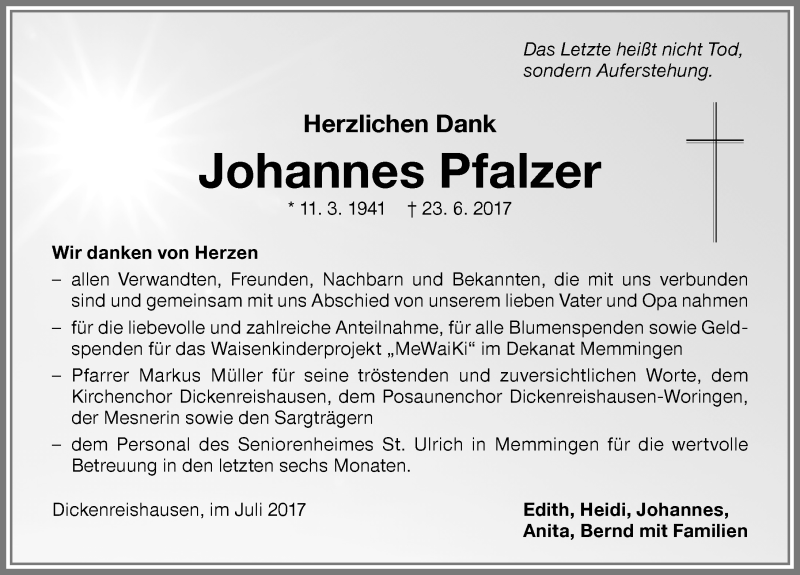  Traueranzeige für Johannes Pfalzer vom 05.07.2017 aus Memminger Zeitung