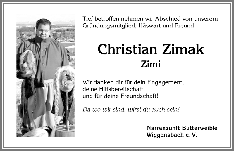  Traueranzeige für Christian Zimak vom 01.07.2017 aus Allgäuer Zeitung,Kempten