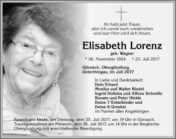 Traueranzeige von Elisabeth Lorenz von Allgäuer Zeitung, Marktoberdorf