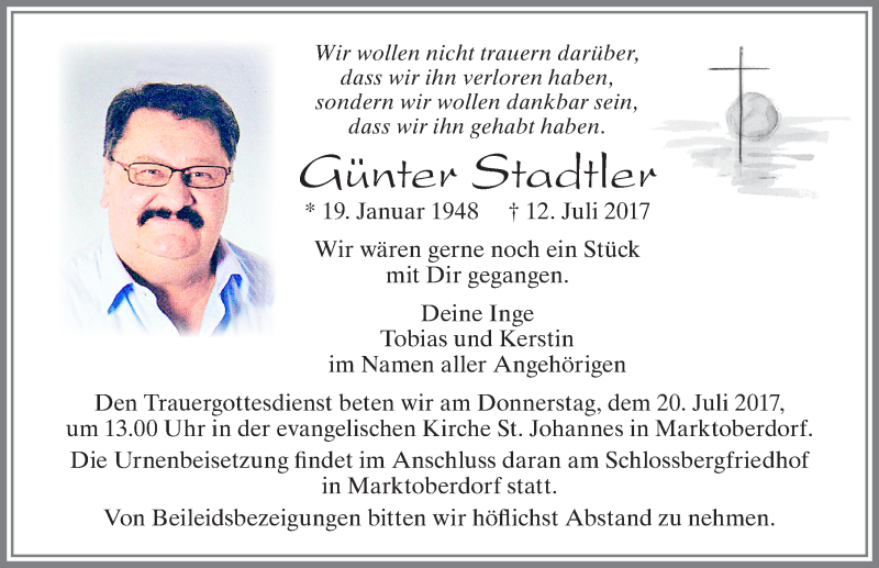  Traueranzeige für Günter Stadtler vom 18.07.2017 aus Allgäuer Zeitung, Marktoberdorf