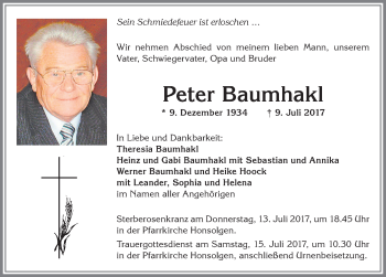 Traueranzeige von Peter Baumhakl von Allgäuer Zeitung, Kaufbeuren/Buchloe