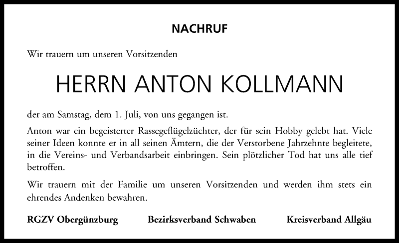  Traueranzeige für Anton Kollmann vom 07.07.2017 aus Allgäuer Zeitung, Marktoberdorf