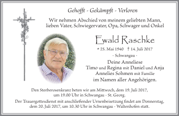 Traueranzeige von Ewald Raschke von Allgäuer Zeitung, Füssen