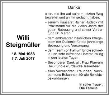 Traueranzeige von Willi Steigmüller von Memminger Zeitung