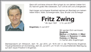 Traueranzeige von Fritz Zwing von Memminger Zeitung