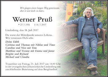 Traueranzeige von Werner Pruß von Der Westallgäuer