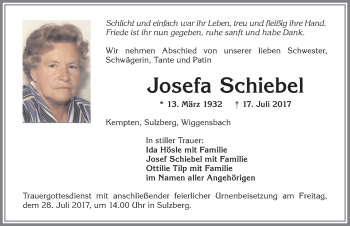 Traueranzeige von Josefa Schiebel von Allgäuer Zeitung,Kempten