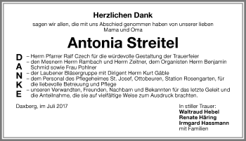 Traueranzeige von Antonia Streitel von Memminger Zeitung