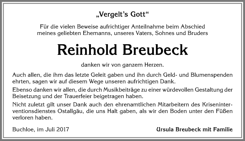  Traueranzeige für Reinhold Breubeck vom 15.07.2017 aus Allgäuer Zeitung, Kaufbeuren/Buchloe