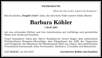 Traueranzeige von Barbara Köhler von Allgäuer Anzeigeblatt
