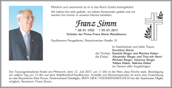 Traueranzeige von Franz Simm von Allgäuer Zeitung