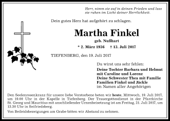 Traueranzeige von Martha Finkel von Allgäuer Anzeigeblatt