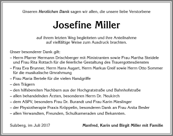 Traueranzeige von Josefine Miller von Allgäuer Zeitung,Kempten