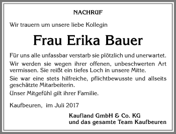 Traueranzeige von Erika Bauer von Allgäuer Zeitung, Kaufbeuren/Buchloe