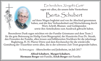 Traueranzeige von Berta Schubert von Allgäuer Zeitung, Füssen