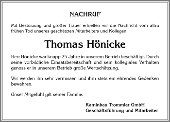 Traueranzeige von Thomas Hönicke von Allgäuer Zeitung,Kempten