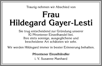 Traueranzeige von Hildegard Gayer-Lesti von Allgäuer Zeitung, Füssen