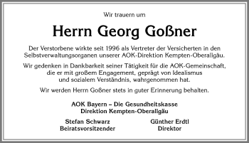 Traueranzeige von Georg Goßner von Allgäuer Zeitung,Kempten