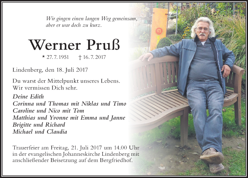  Traueranzeige für Werner Pruß vom 18.07.2017 aus Der Westallgäuer