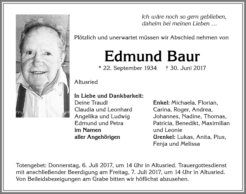  Traueranzeige für Edmund Baur vom 04.07.2017 aus Allgäuer Zeitung,Kempten