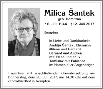 Traueranzeige von Milica Santek von Allgäuer Zeitung,Kempten