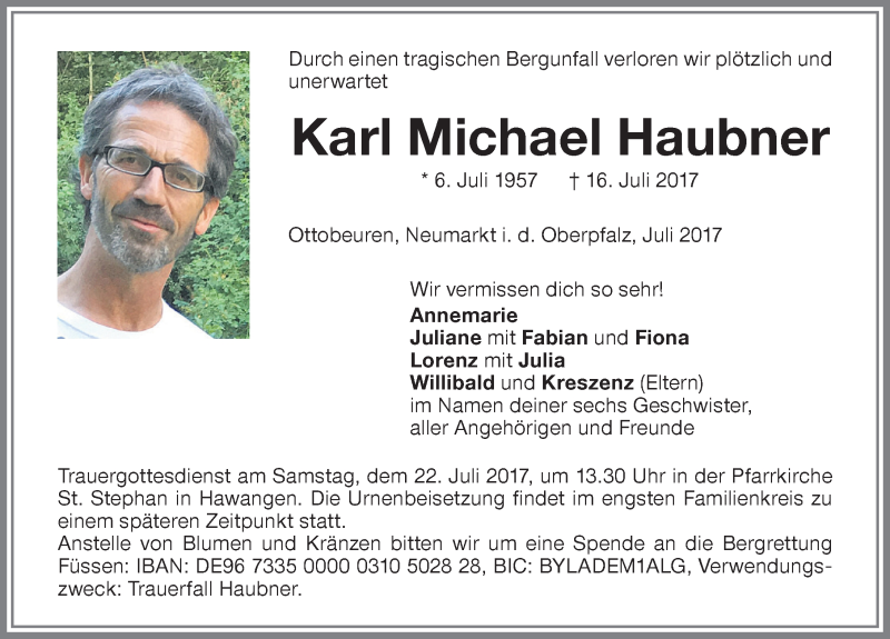  Traueranzeige für Karl Michael Haubner vom 20.07.2017 aus Memminger Zeitung