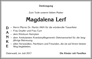 Traueranzeige von Magdalena Lerf von Allgäuer Zeitung,Kempten