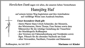 Traueranzeige von Hansjörg Haf von Allgäuer Zeitung, Füssen