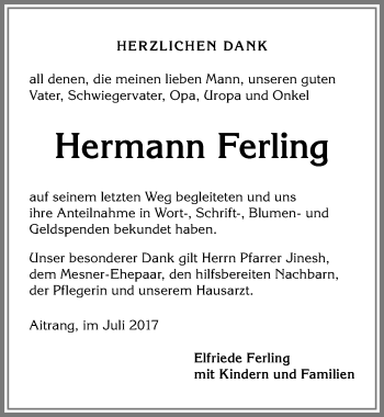 Traueranzeige von Hermann Ferling von Allgäuer Zeitung, Marktoberdorf