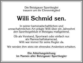 Traueranzeige von Willi Schmid von Allgäuer Zeitung,Kempten