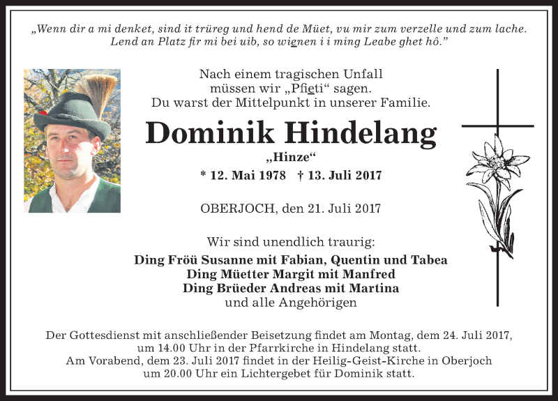  Traueranzeige für Dominik Hindelang vom 21.07.2017 aus Allgäuer Anzeigeblatt