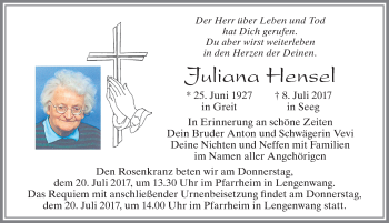 Traueranzeige von Juliana Hensel von Allgäuer Zeitung