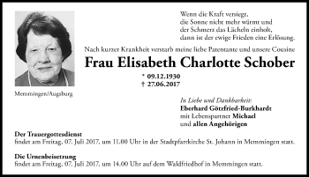 Traueranzeige von Elisabeth Charlotte Schober von Memminger Zeitung