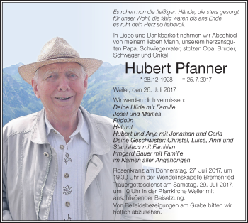 Traueranzeige von Hubert Pfanner von Der Westallgäuer