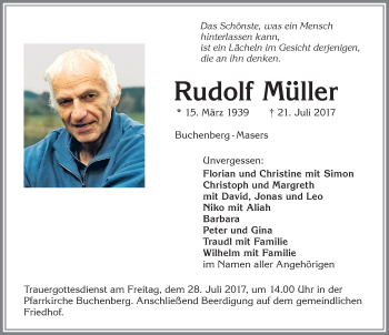 Traueranzeige von Rudolf Müller von Allgäuer Zeitung,Kempten