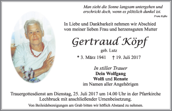 Traueranzeige von Gertraud Köpf von Allgäuer Zeitung, Füssen