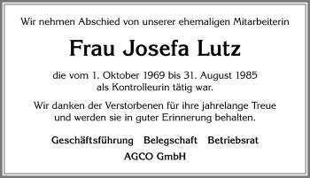 Traueranzeige von Josefa Lutz von Allgäuer Zeitung, Marktoberdorf