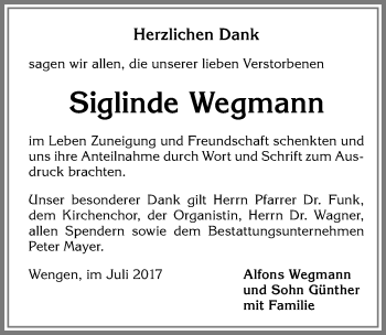 Traueranzeige von Siglinde Wegmann von Allgäuer Zeitung,Kempten