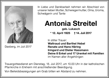 Traueranzeige von Antonia Streitel von Memminger Zeitung