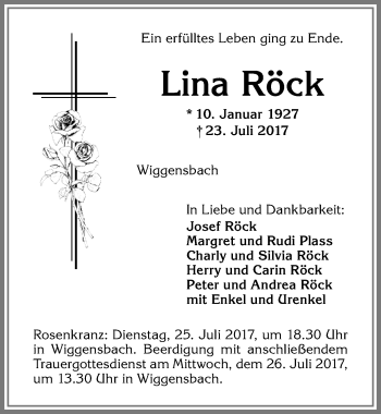 Traueranzeige von Lina Röck von Allgäuer Zeitung,Kempten