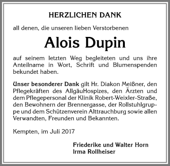 Traueranzeige von Alois Dupin von Allgäuer Zeitung,Kempten