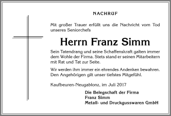 Traueranzeige von Franz Simm von Allgäuer Zeitung, Kaufbeuren/Buchloe