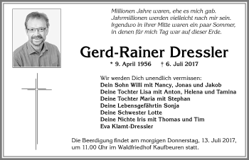Traueranzeige von Gerd-Rainer Dressler von Allgäuer Zeitung, Kaufbeuren/Buchloe