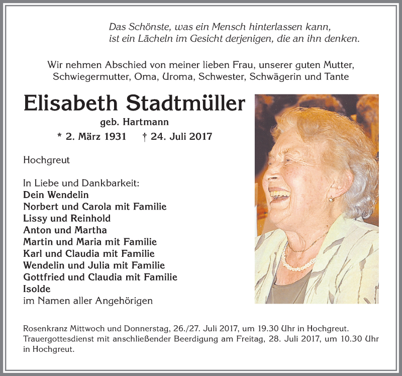  Traueranzeige für Elisabeth Stadtmüller vom 26.07.2017 aus Allgäuer Zeitung
