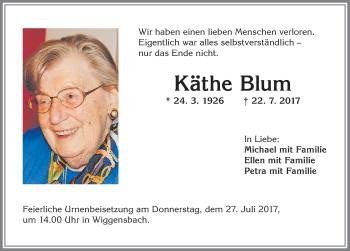 Traueranzeige von Käthe Blum von Allgäuer Zeitung,Kempten