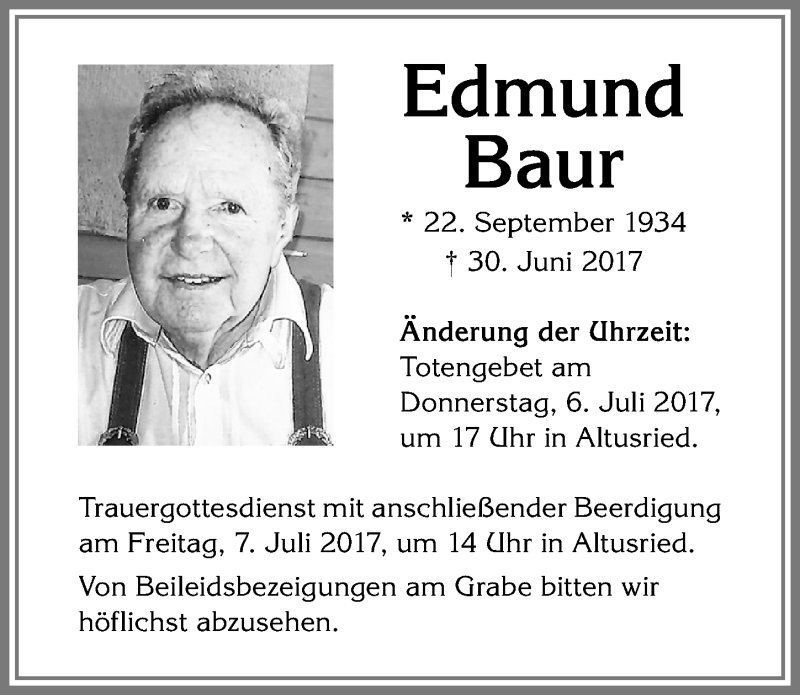  Traueranzeige für Edmund Baur vom 05.07.2017 aus Allgäuer Zeitung,Kempten