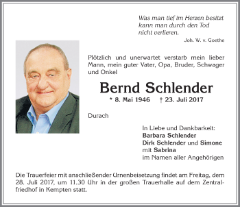 Traueranzeige von Bernd Schlender von Allgäuer Zeitung,Kempten